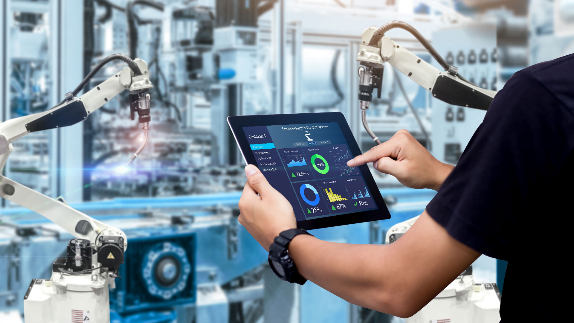 A man using a tablet to control production process in shop floor in Cloud using Closed Loop Control System