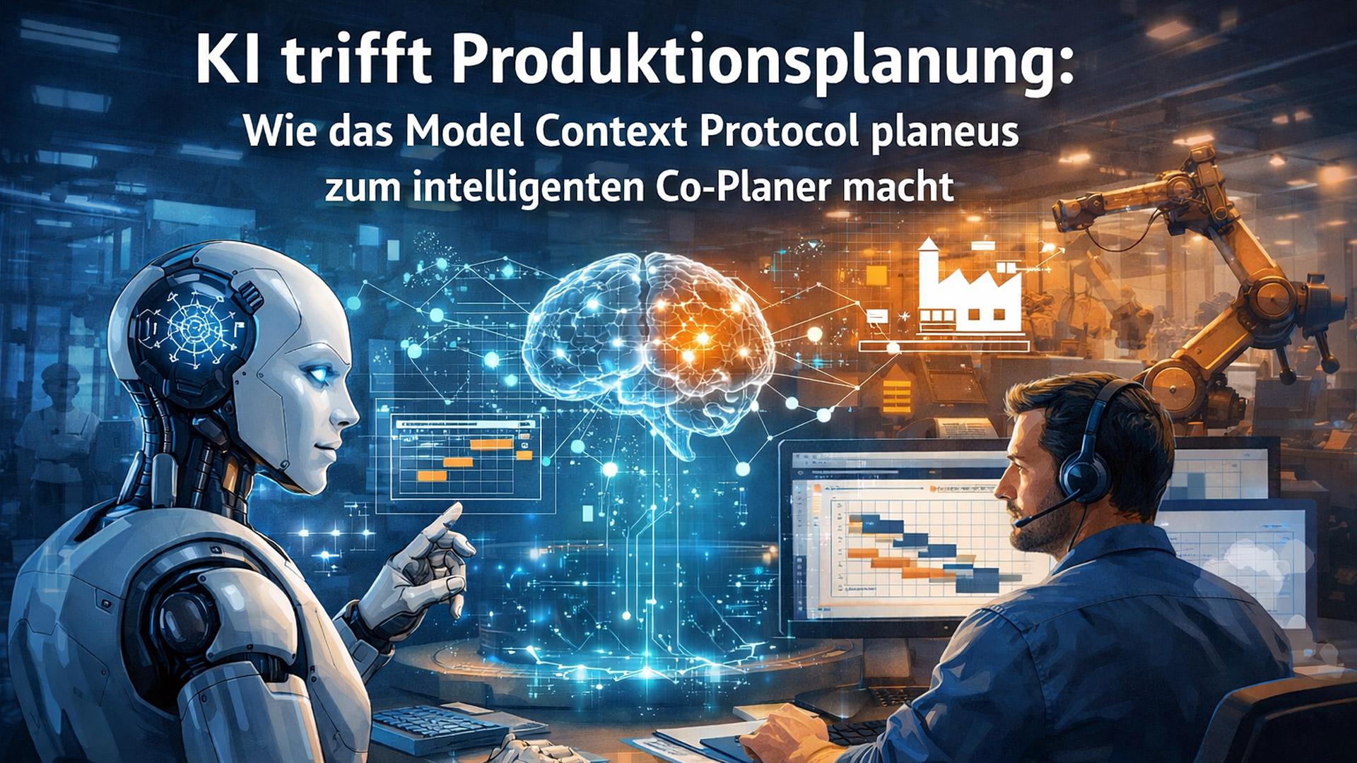 KI trifft Produktionsplanung: Wie das Model Context Protocol planeus zum intelligenten Co-Planer macht. Ein Produktionsplaner wird von einer KI in Form eines menschlichen Roboters bei der Planung unterstützt. Im Hintergrund ist eine Produktionshalle erkennbar.