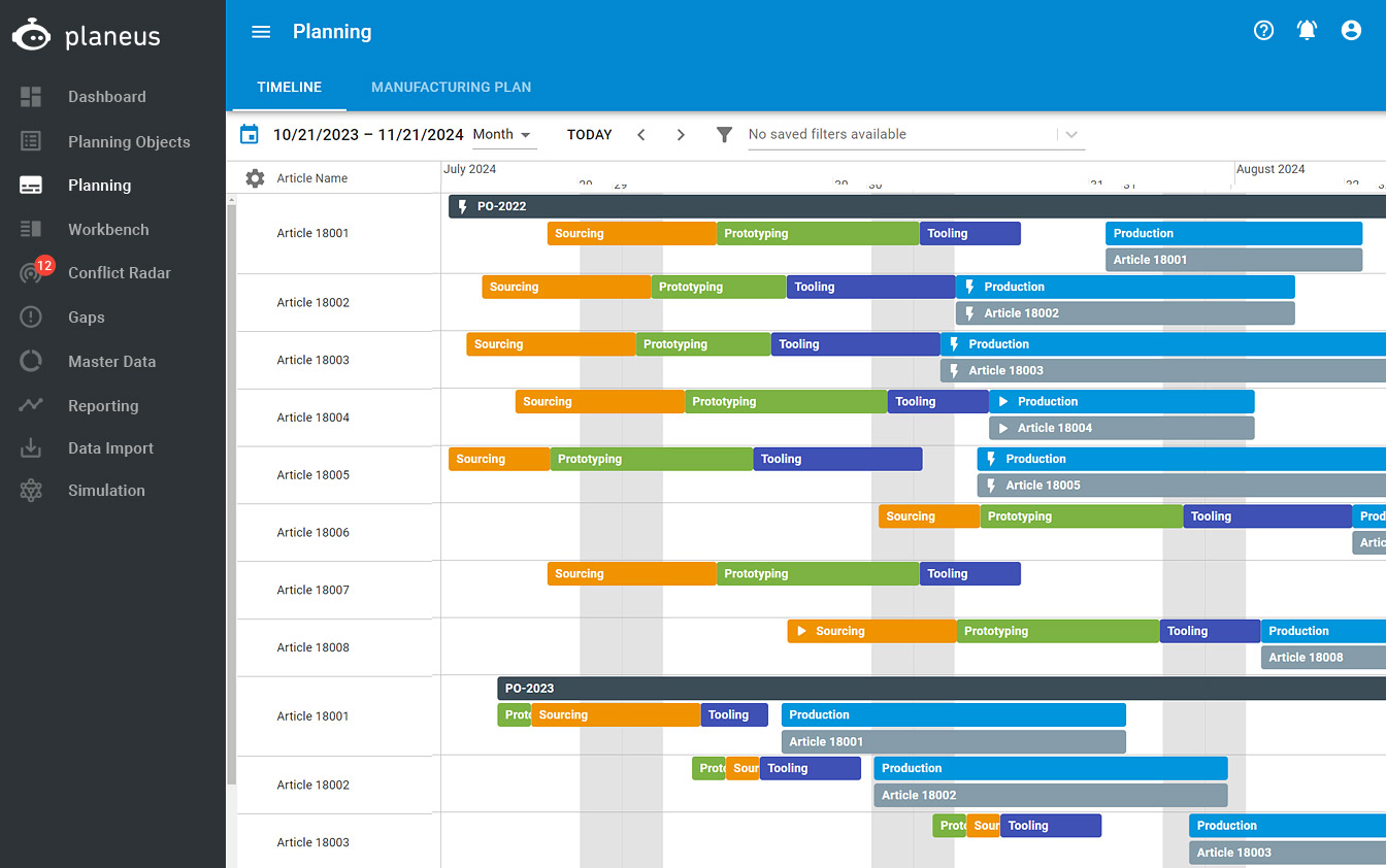 Screenshot of the modern planeus software interface: planning view with Gantt chart